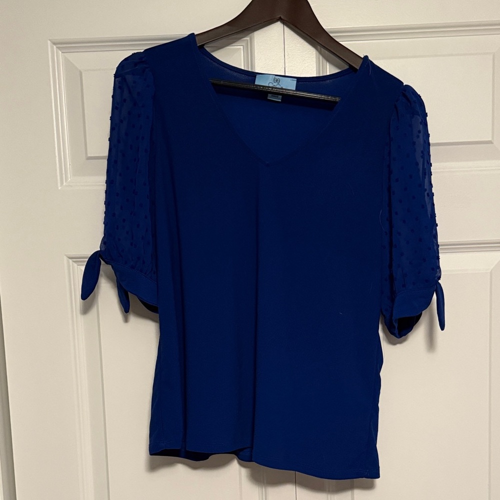 CeCe Royal Blue V-Neck Blouse with Tie Sleeves